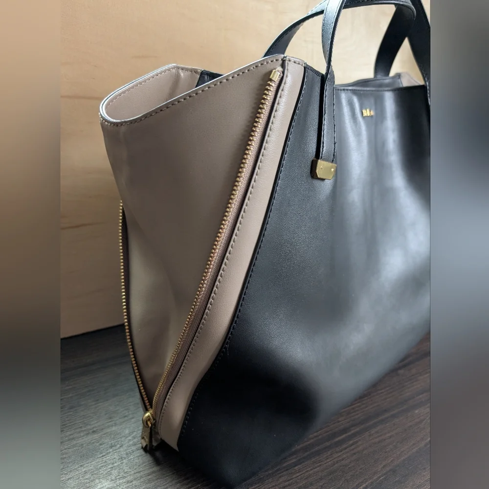 Lauren Ralph Lauren Handbag Large Tote Black And Taupe Gold Zipper And Feet - Picture 2 of 7